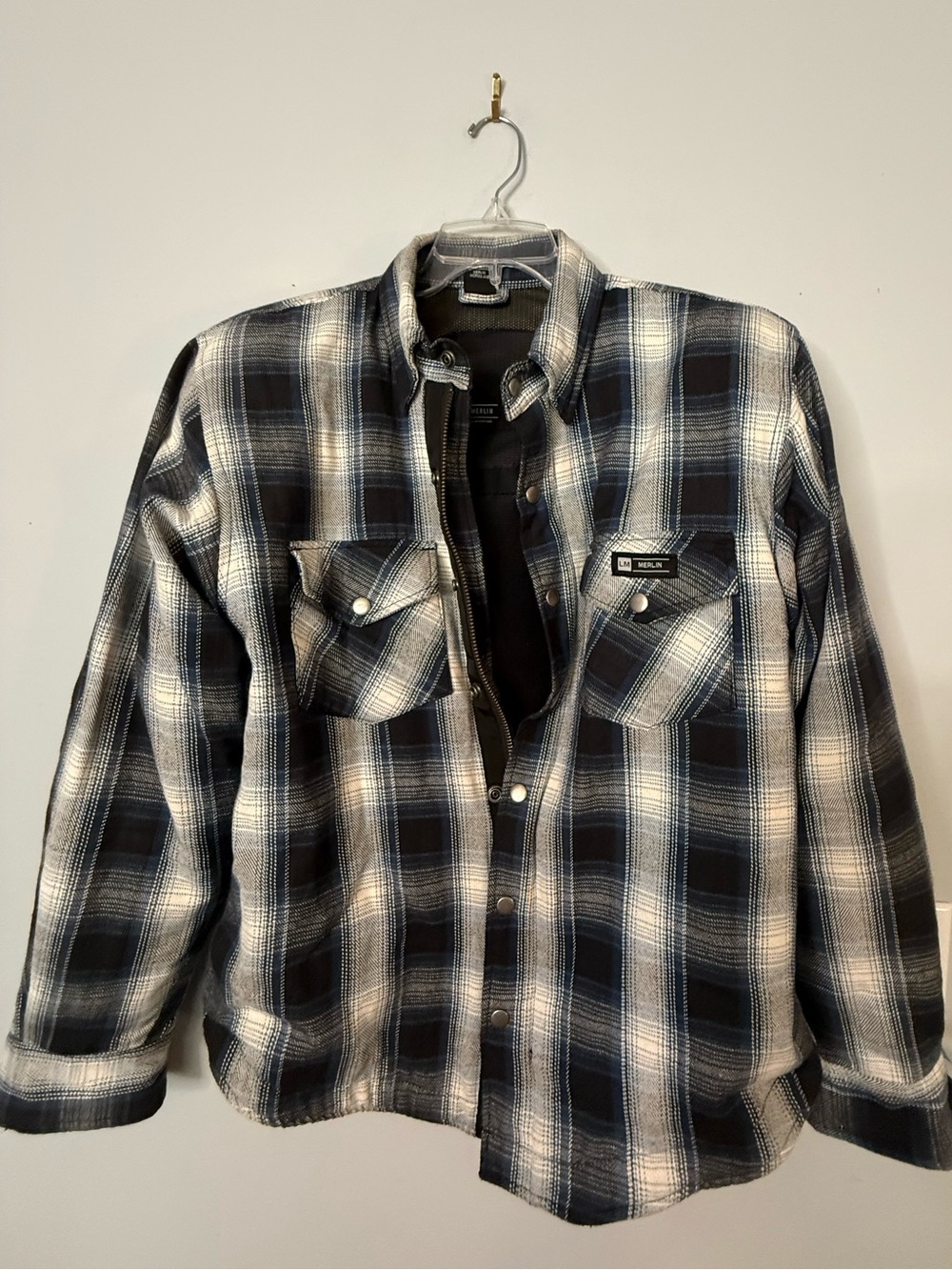 Merlin Motorcycles shirt Black, Blue&White Plaid Performance Jacket Large
